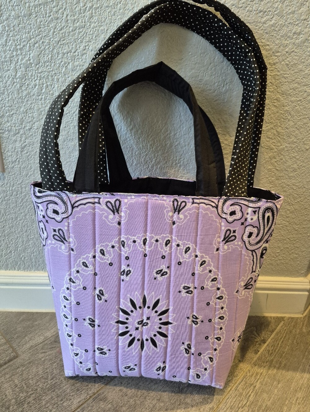 Quilted Lavender Bandana Print Tote Bag with Black Polka Dot Handles